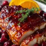Brushing cranberry orange glaze onto a roasted turkey breast in the oven.
