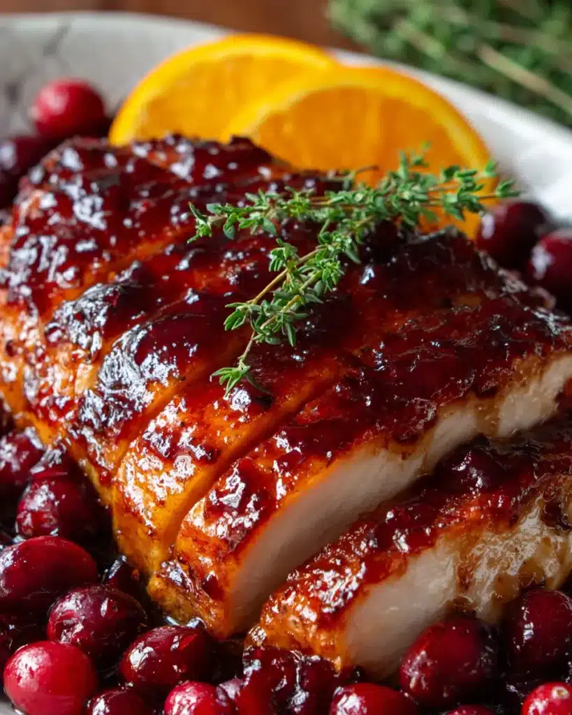 Brushing cranberry orange glaze onto a roasted turkey breast in the oven.