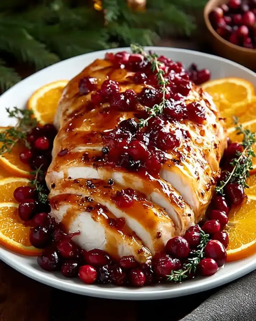 Sliced cranberry orange glazed turkey breast with fresh cranberries and orange slices.