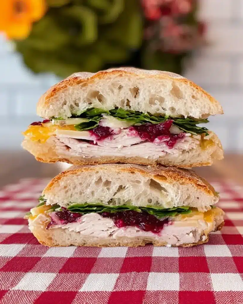 Cranberry turkey sandwich with cream cheese and spinach on ciabatta
