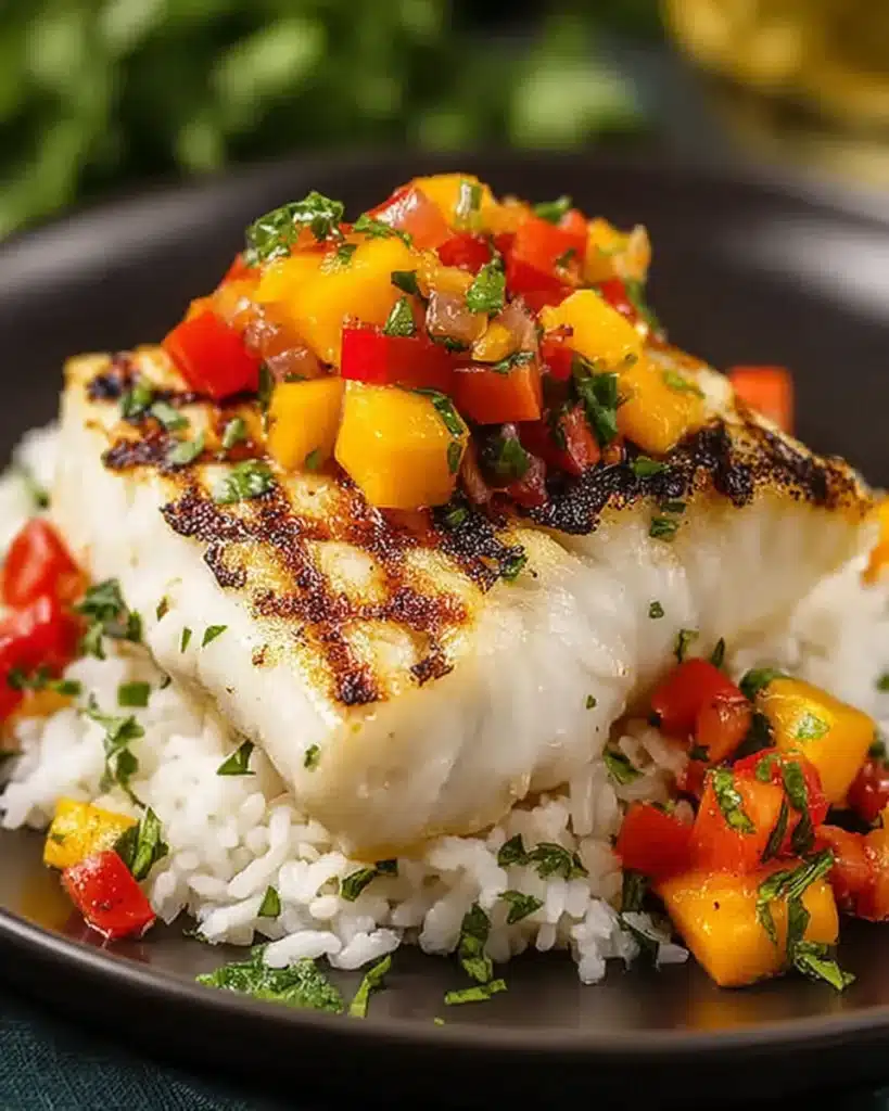 Center-cut grilled sea bass with mango salsa and rice, premium seafood dish