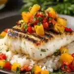 Grilled Chilean sea bass with mango salsa on white rice, high-protein seafood dish