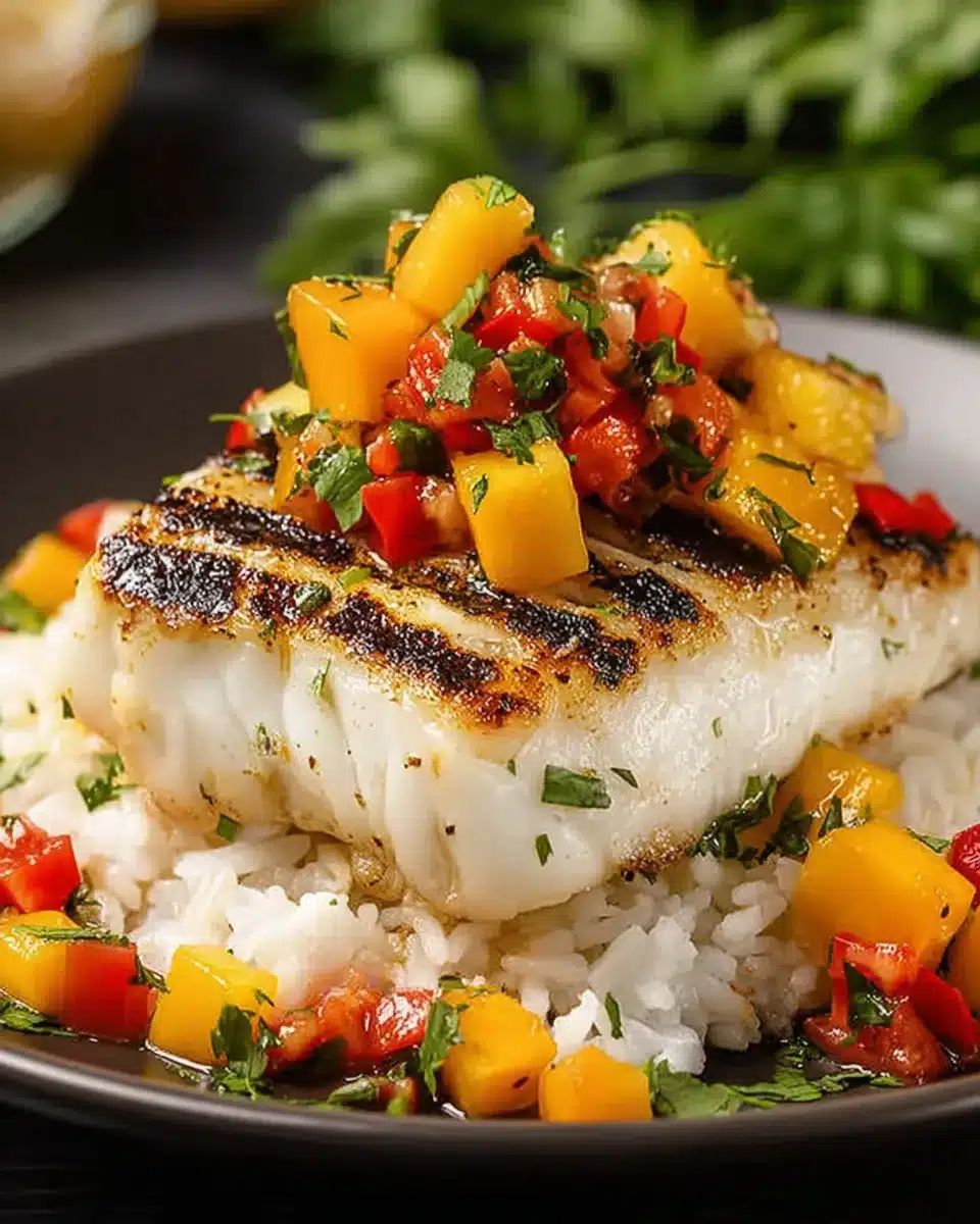 Grilled Chilean sea bass with mango salsa on white rice, high-protein seafood dish