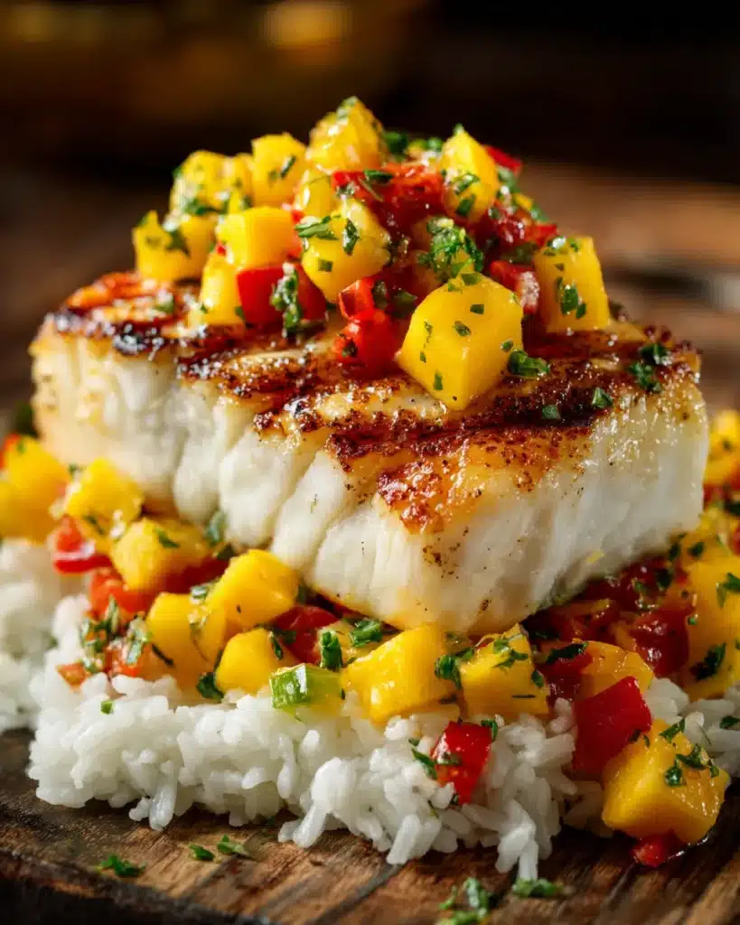 Grilled Chilean sea bass on rice with mango salsa, buttery fish recipe