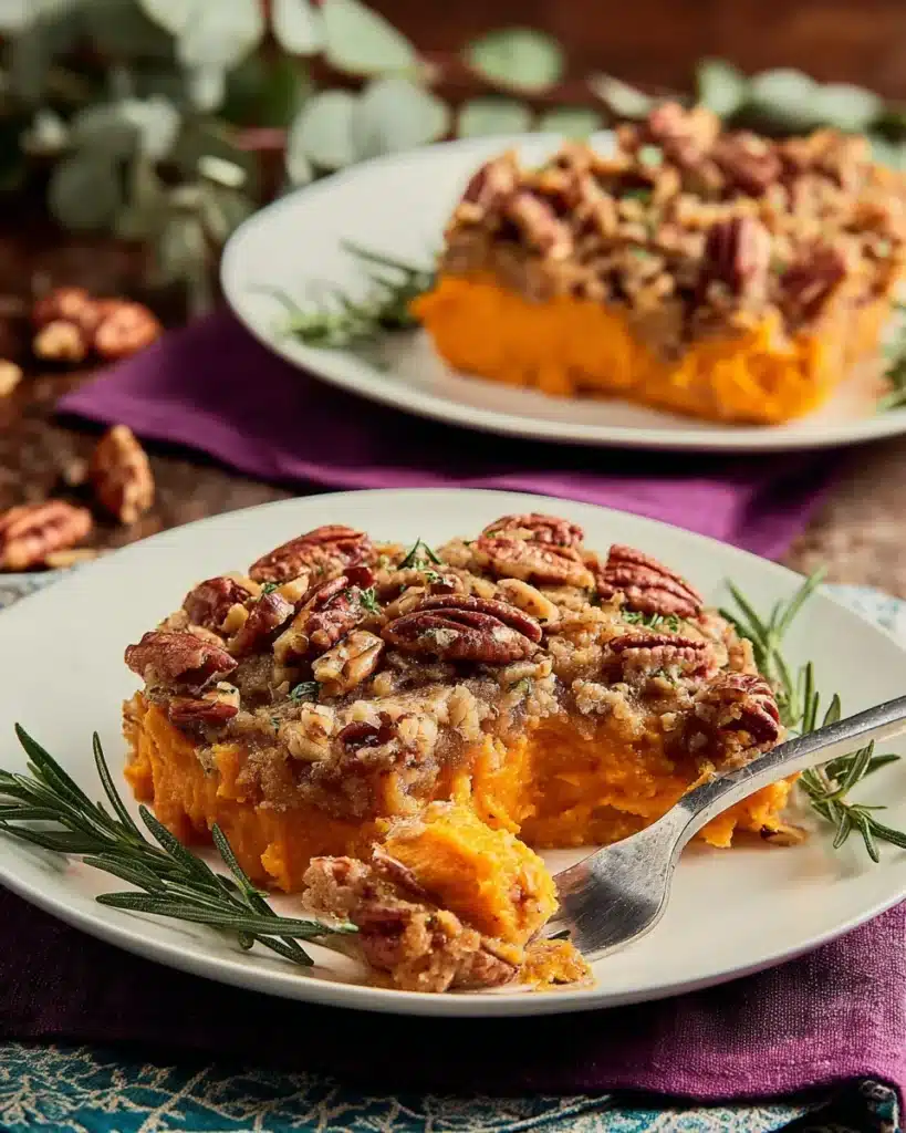 Homemade sweet potato casserole topped with toasted pecans