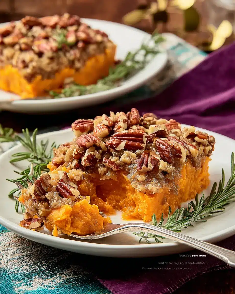 Sweet potato casserole with pecan topping served on white plate