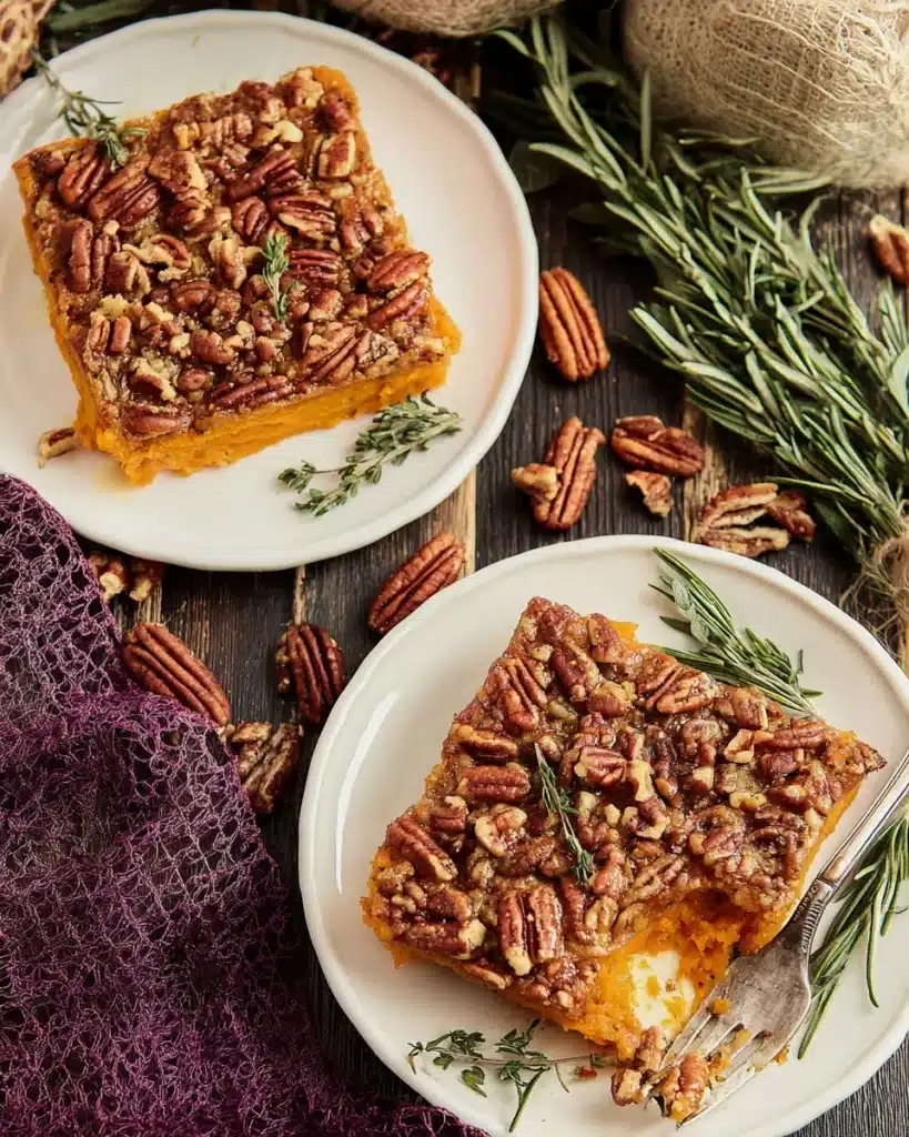 Southern sweet potato casserole squares topped with pecans on plates