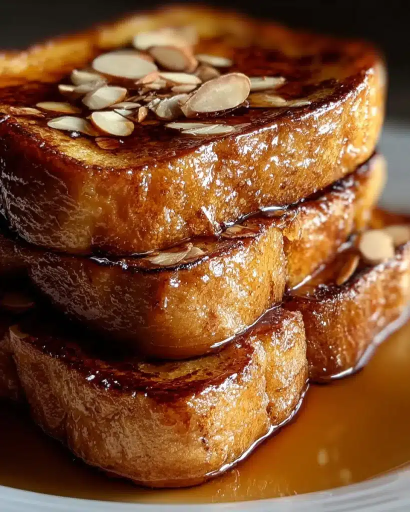 Custardy French toast stack glazed with syrup and almond slices