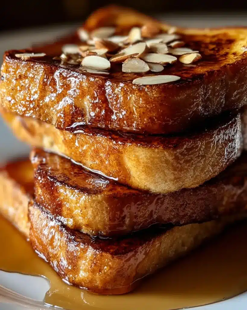 Best French Toast Ever Hom – Stack of Thick-Cut Slices with Syrup & Almond Topping
