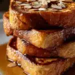 Golden brown French toast stack with maple syrup and sliced almonds