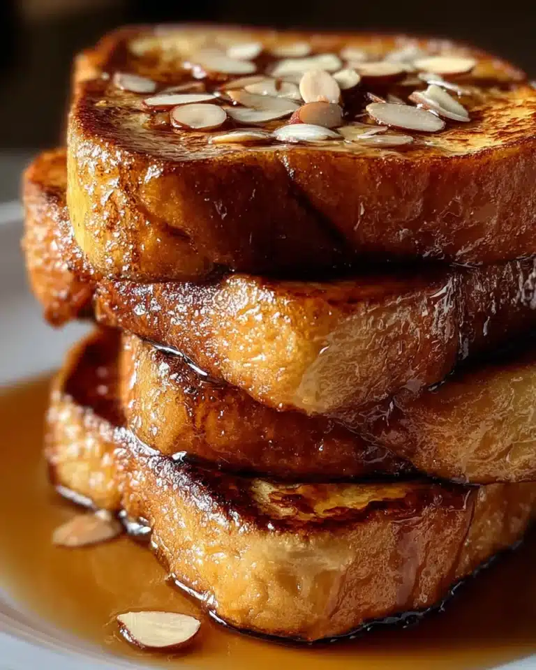Golden brown French toast stack with maple syrup and sliced almonds