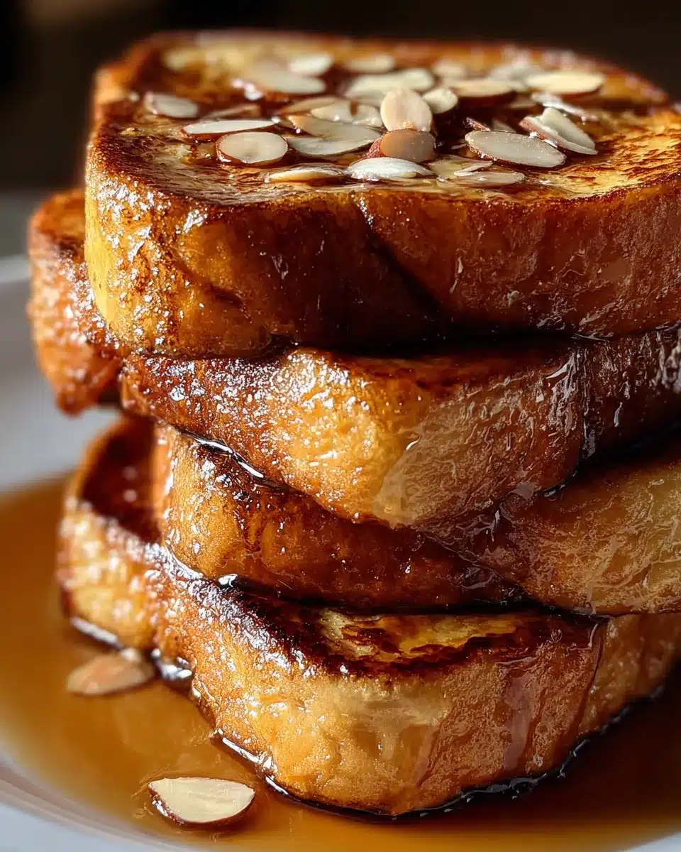 Golden brown French toast stack with maple syrup and sliced almonds