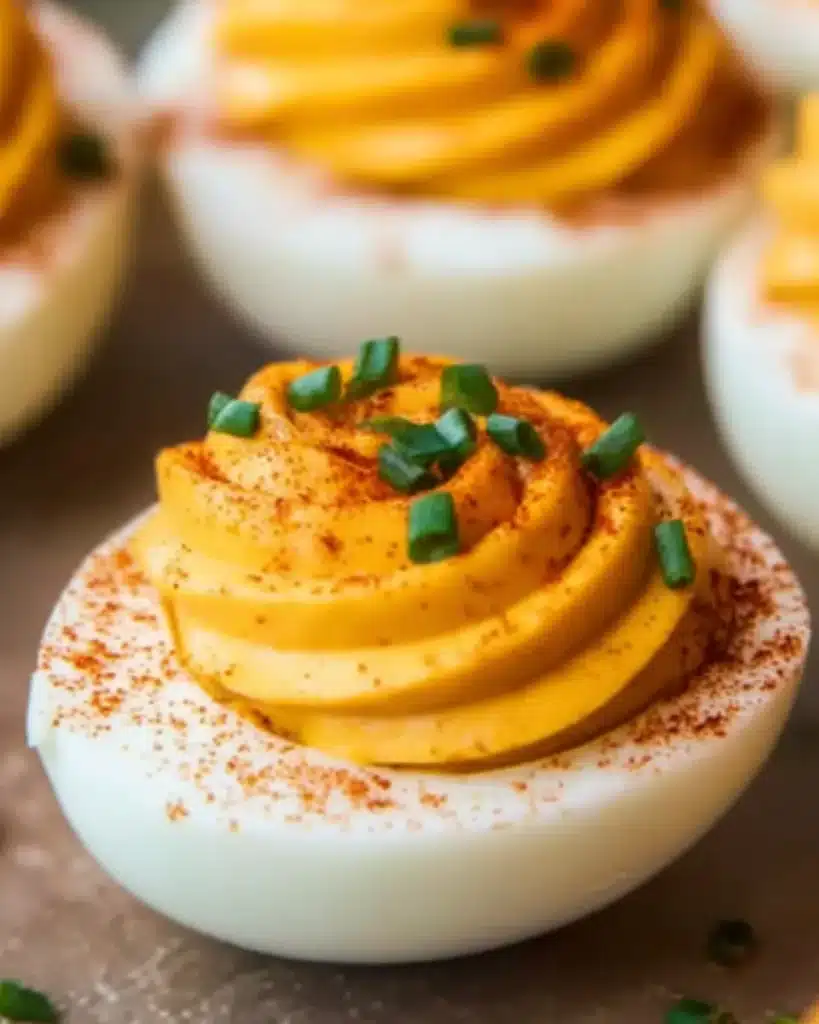 Spicy Pumpkin Deviled Eggs Recipe with paprika dusting and chive garnish
