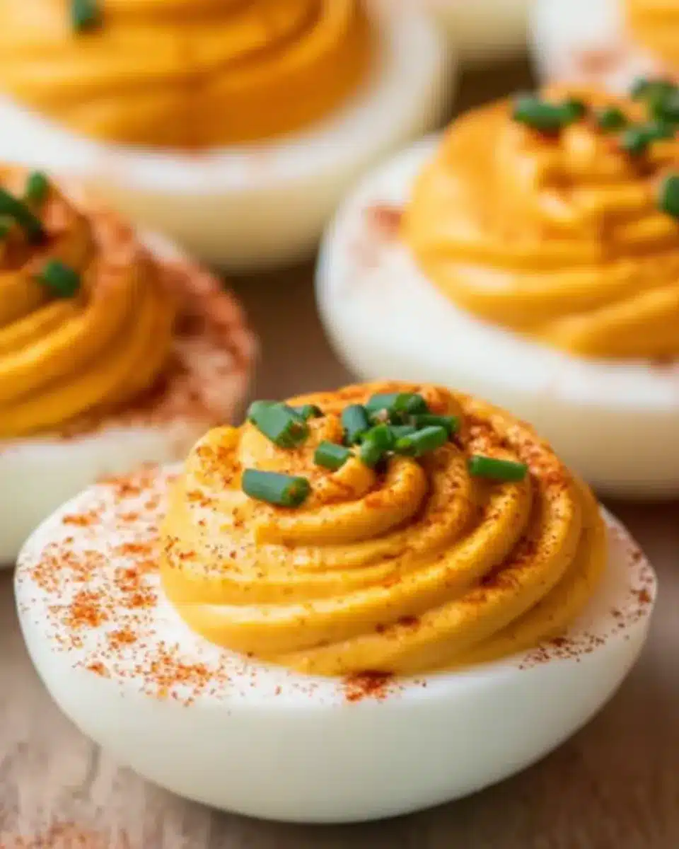 Spicy pumpkin deviled eggs topped with paprika and chives