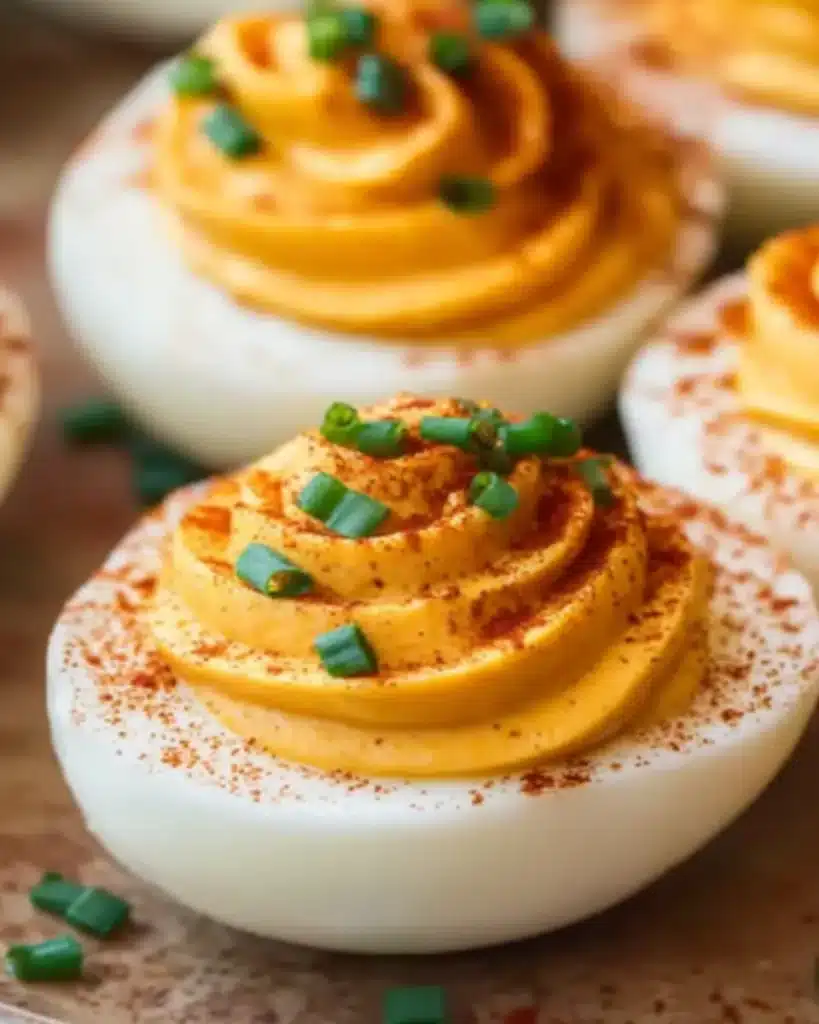 Close-up of spicy pumpkin deviled eggs with paprika and chives