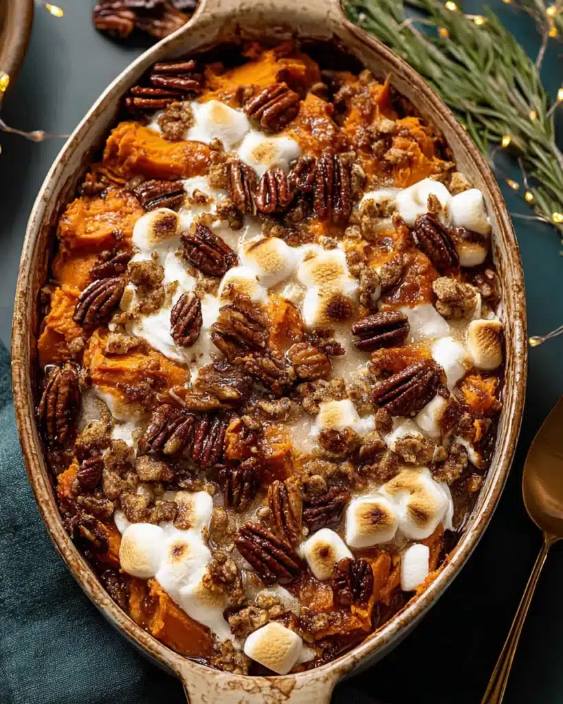 Baked Southern sweet potato casserole with maple pecans and marshmallows