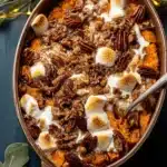 Southern Maple Sweet Potato Casserole with toasted marshmallows and pecan topping