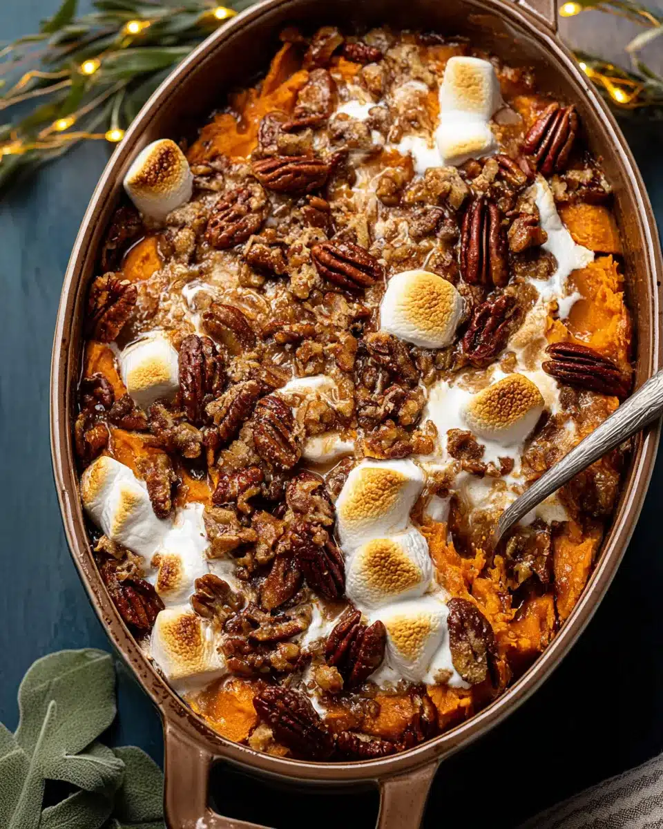 Southern Maple Sweet Potato Casserole with toasted marshmallows and pecan topping