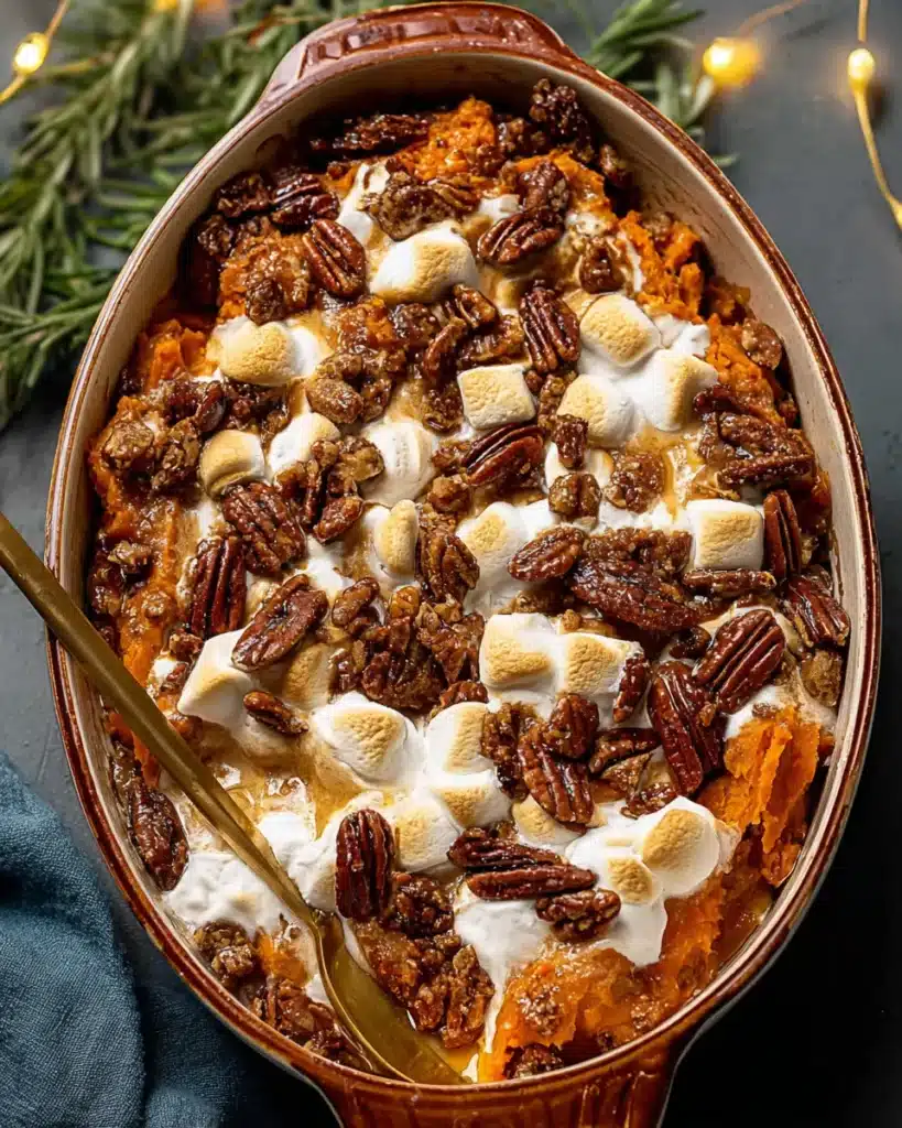 Southern maple sweet potato casserole topped with toasted marshmallows and pecans