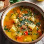 Vegan Italian vegetable soup with potatoes, carrots, and fresh herbs