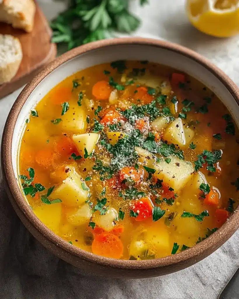 Vegan Italian vegetable soup with potatoes, carrots, and fresh herbs