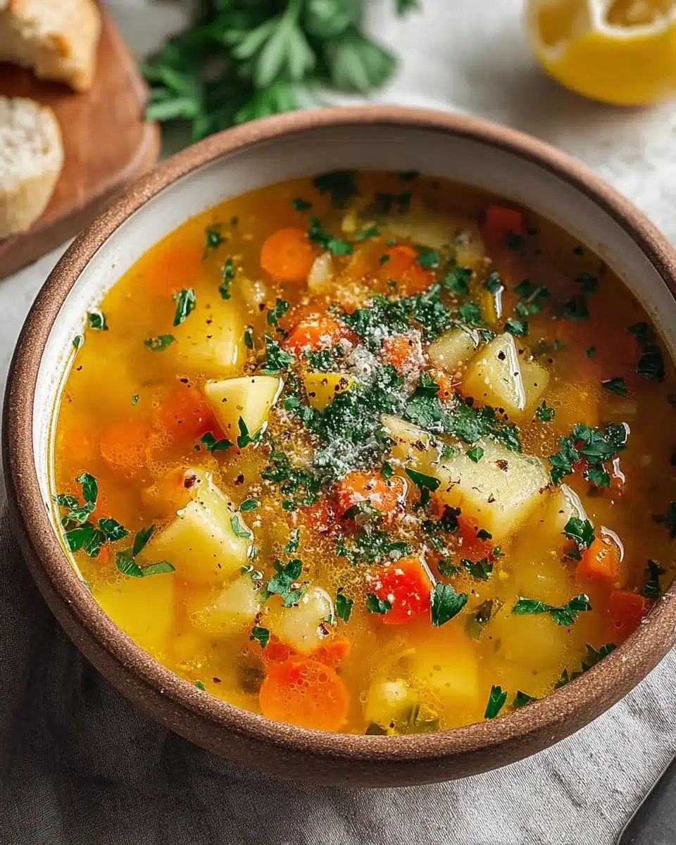 Vegan Italian vegetable soup with potatoes, carrots, and fresh herbs