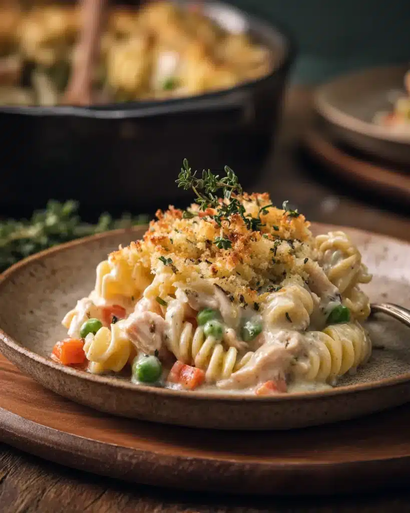 Creamy turkey noodle casserole with peas, carrots, and crispy breadcrumb topping