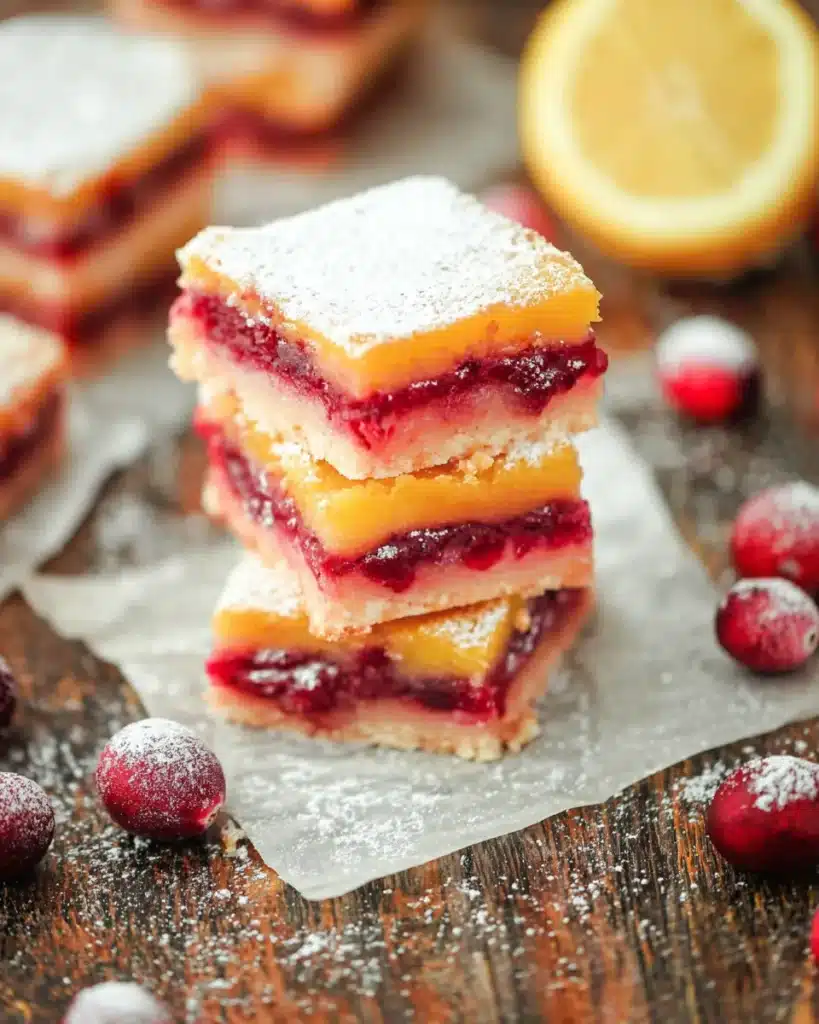Cranberry lemon dessert bars stacked with dusted cranberries