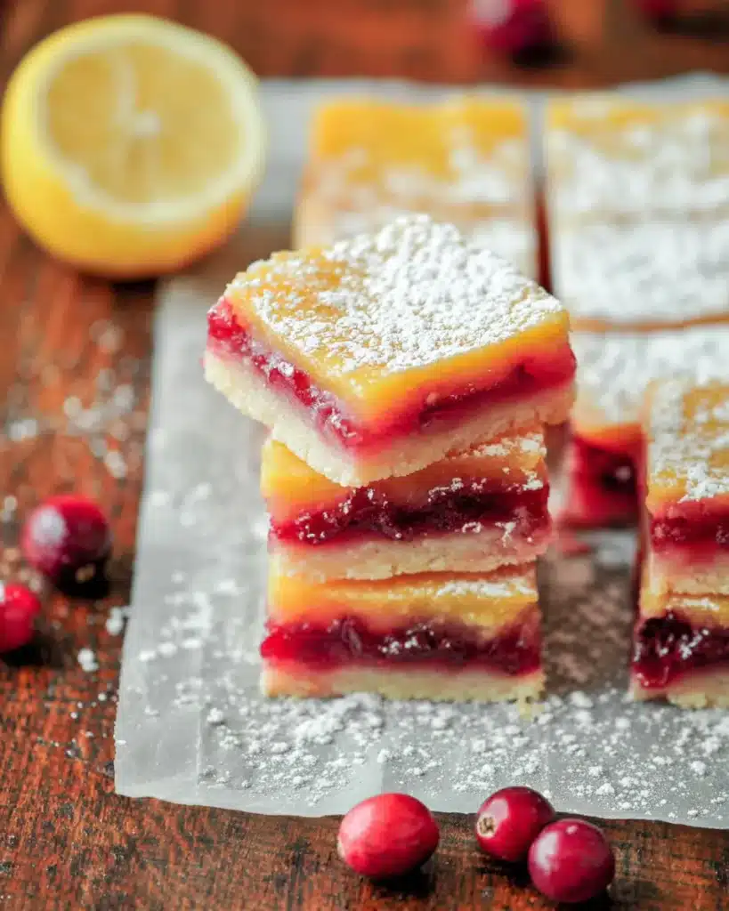 Stacked cranberry lemon bars with powdered sugar and lemon background