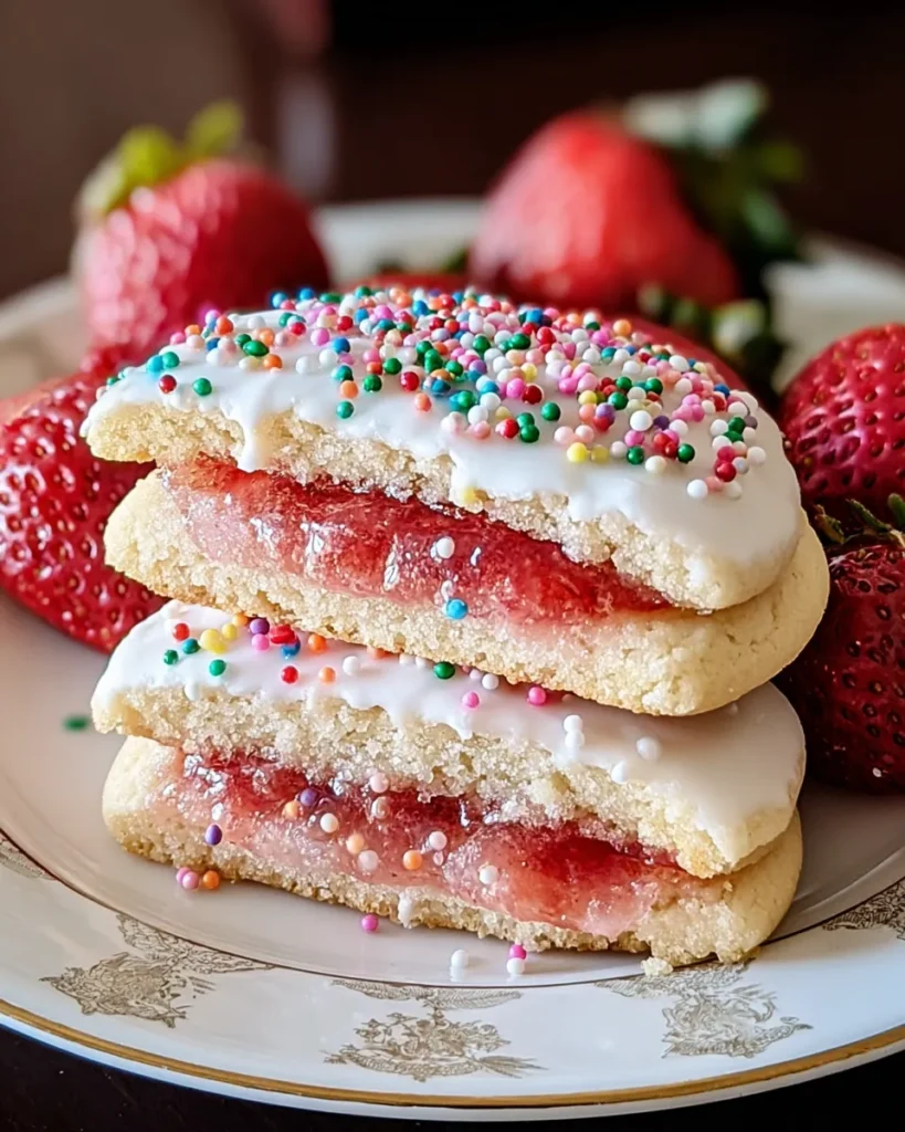 Stacked strawberry sugar cookies with jam filling, white icing, and rainbow sprinkles