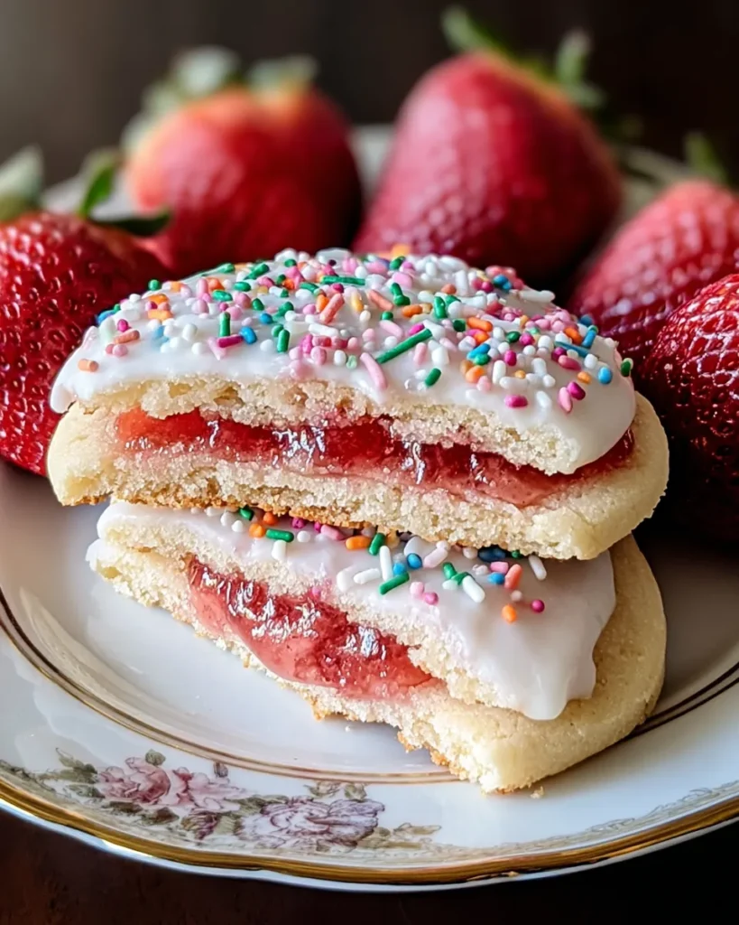 Strawberry Pop Tart Sugar Cookies – Strawberry jam-filled sugar cookies with icing and rainbow sprinkles on a plate
