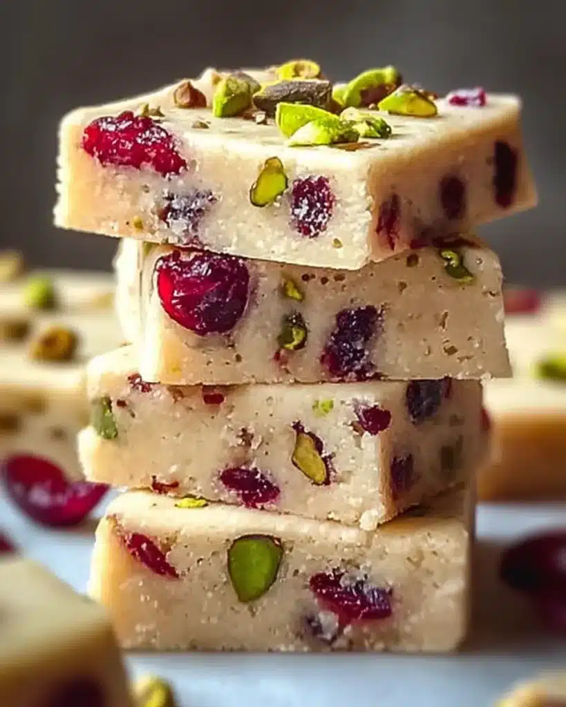 Close-up of cranberry pistachio shortbread cookies stacked and garnished.