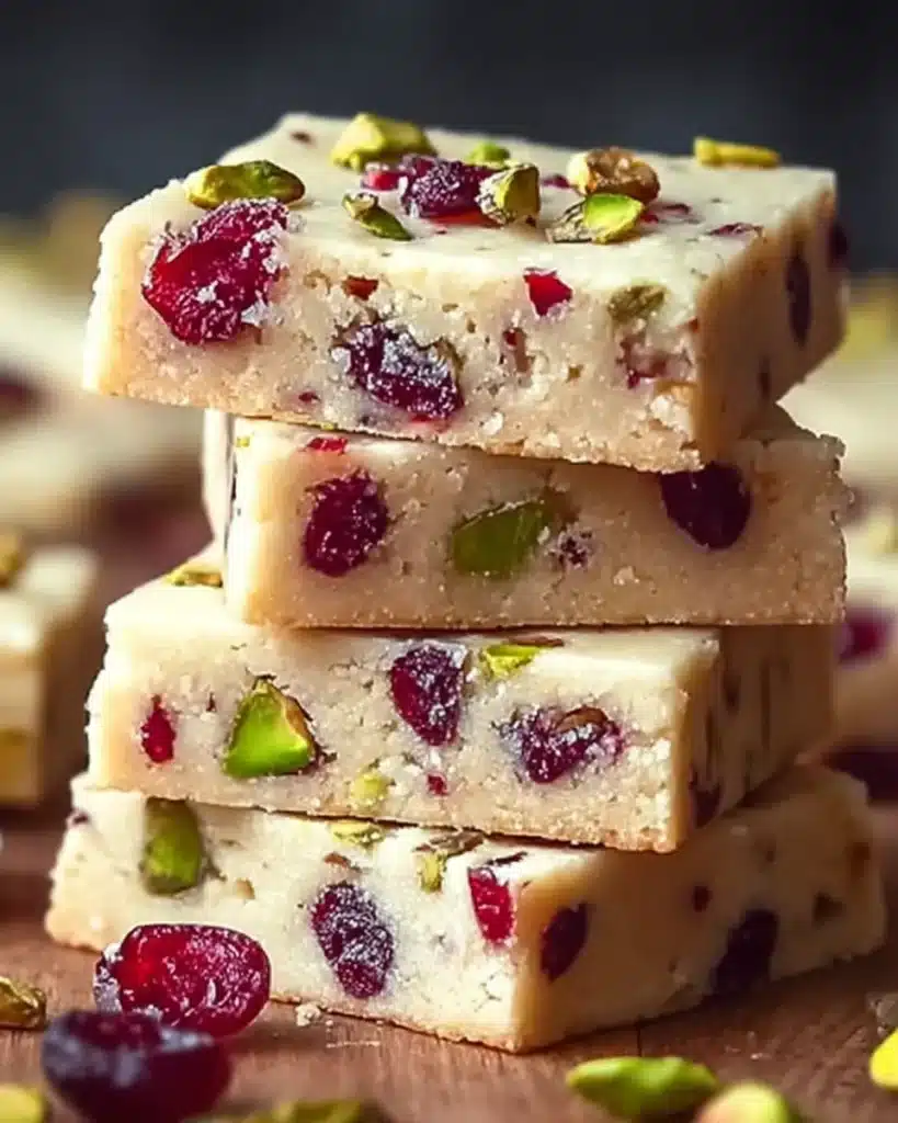 Holiday shortbread bars with cranberries and pistachios stacked on wooden board.