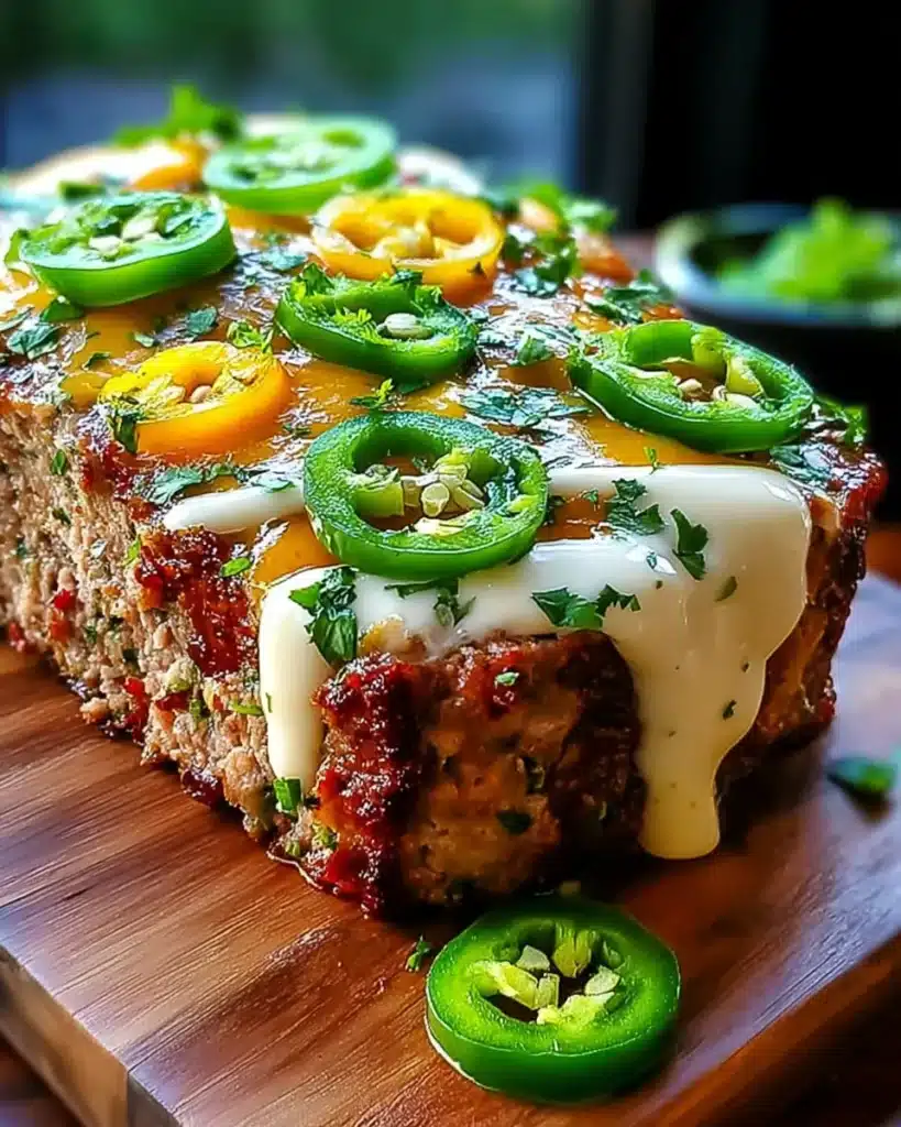 Cheesy jalapeño popper meatloaf topped with ranch, yellow and green jalapeños