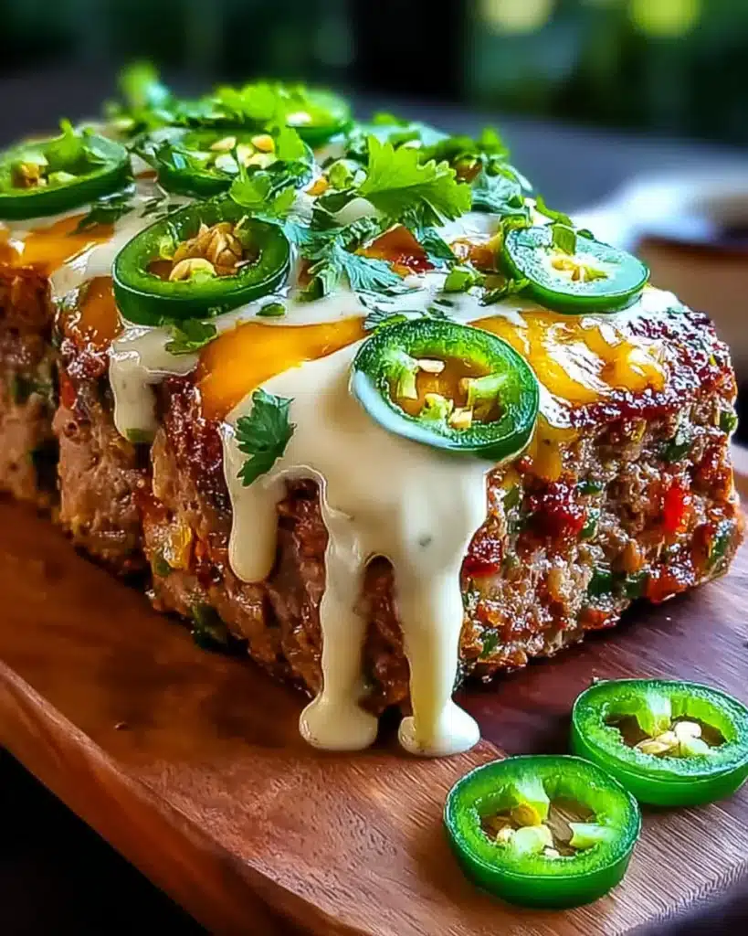 Tex-Mex jalapeño popper meatloaf topped with ranch, cheddar, and sliced jalapeños