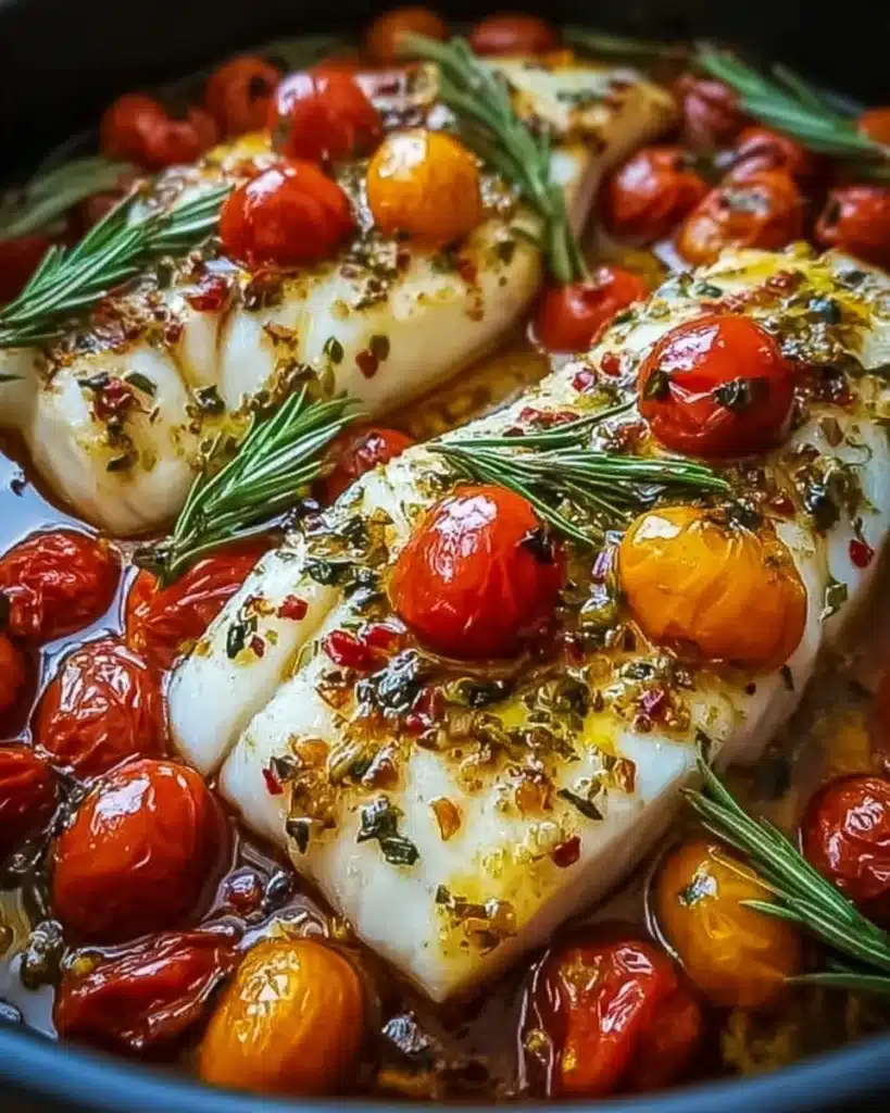 Mediterranean-style baked fish with herbs, cherry tomatoes, and olive oil
