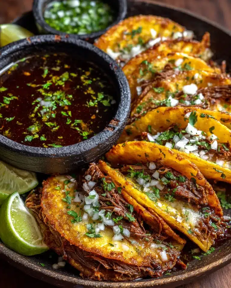 Crispy birria tacos RECIPES with melted cheese and consommé for dipping