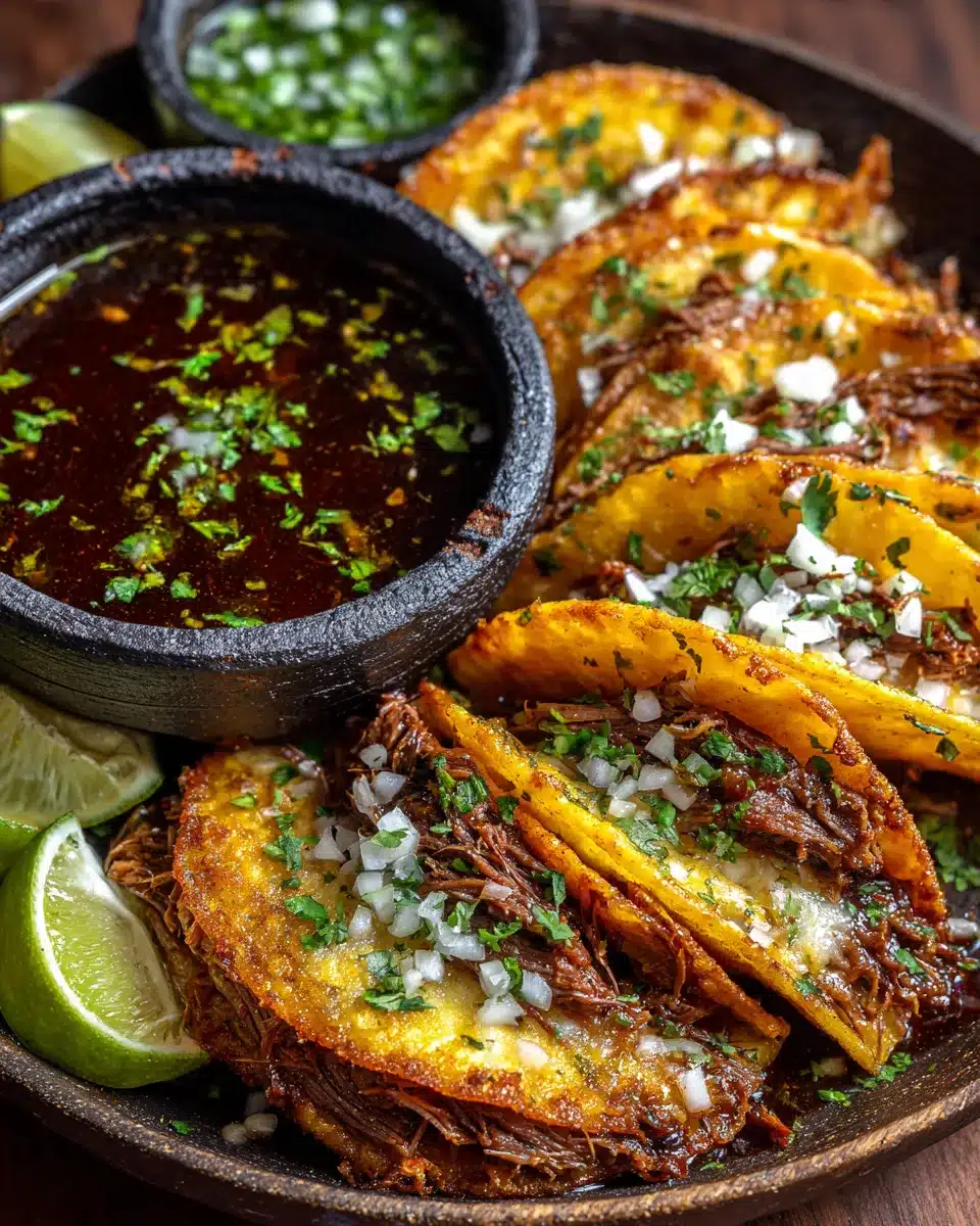 Crispy birria tacos RECIPES with melted cheese and consommé for dipping
