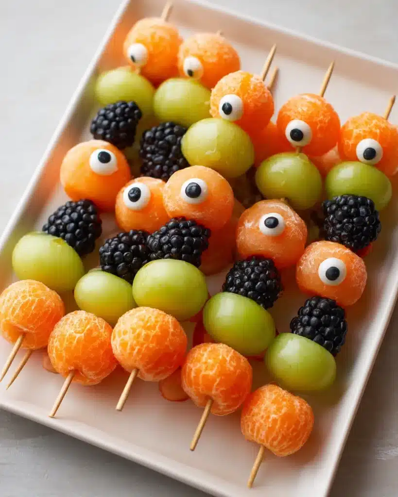 Halloween fruit skewers with tangerines, grapes, blackberries, and candy eyes on a tray.