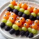 Halloween fruit kabobs with cantaloupe, grapes, blackberries, and candy eyeballs on skewers.