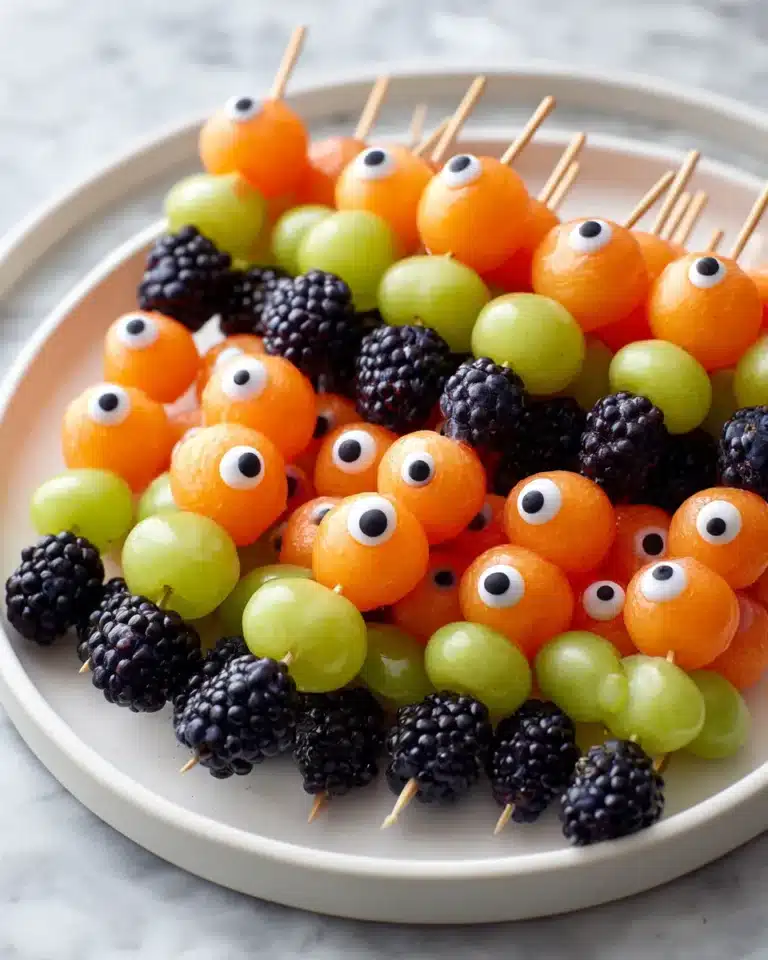 Halloween fruit kabobs with cantaloupe, grapes, blackberries, and candy eyeballs on skewers.