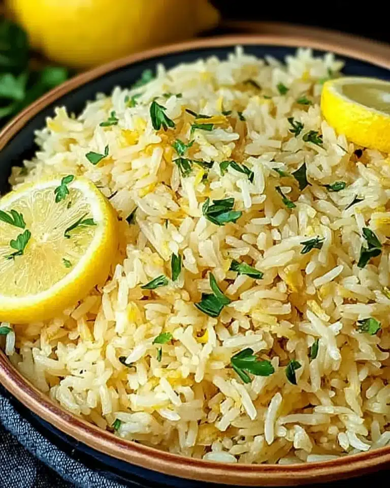 Fluffy Greek lemon rice with parsley and lemon slices in a bowl