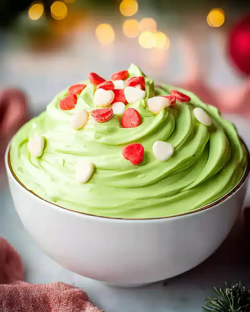 Green Grinch dip in a white bowl topped with red and white candy hearts.