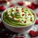 Bright green Grinch dip in a white bowl topped with red and white heart sprinkles