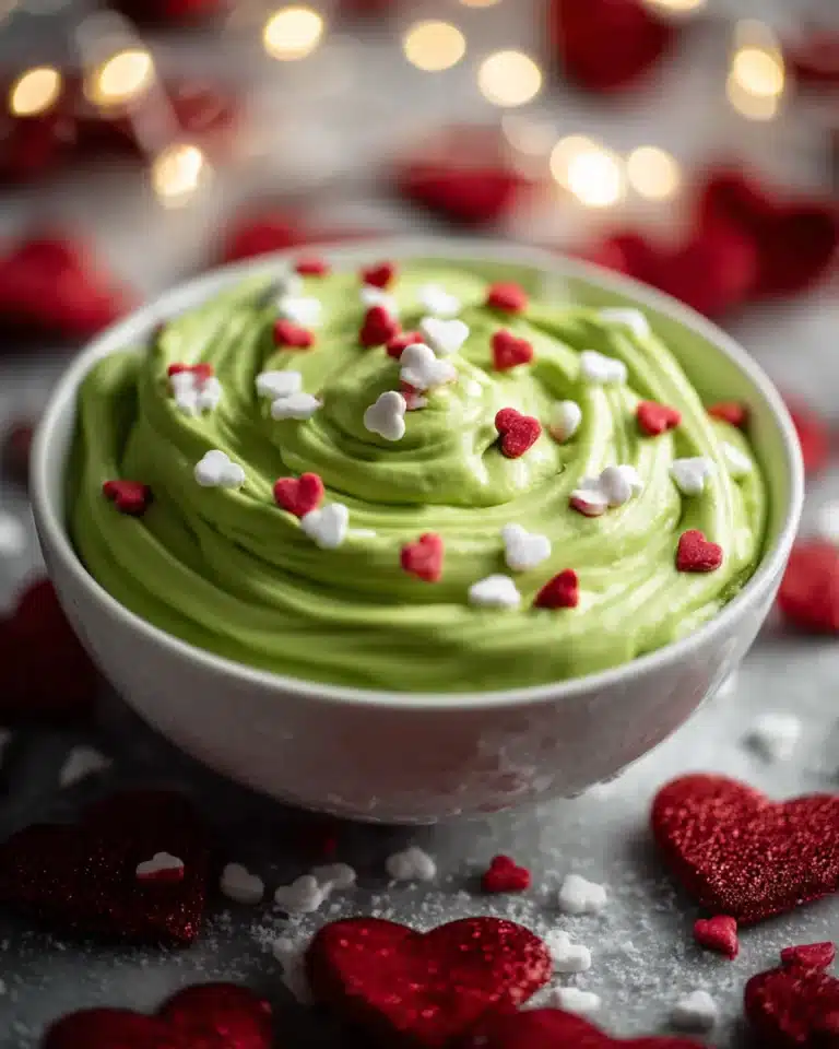 Bright green Grinch dip in a white bowl topped with red and white heart sprinkles