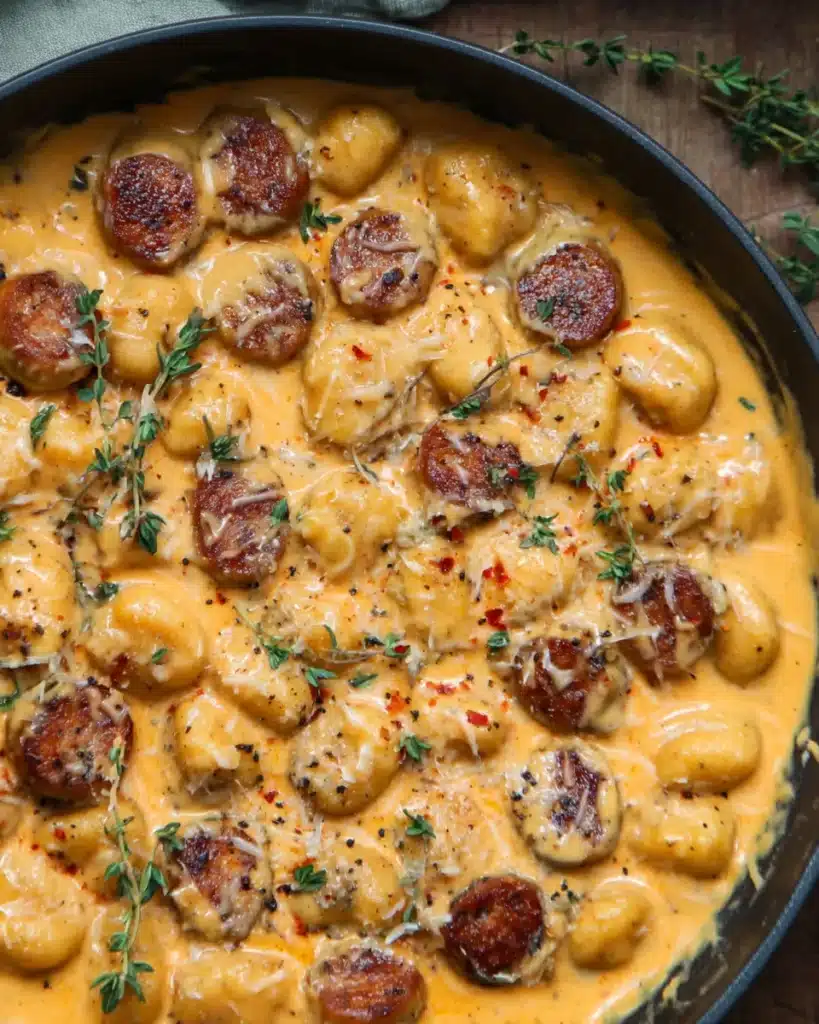 Skillet of creamy butternut squash gnocchi with sausage and herbs