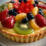 Colorful French fruit tart with strawberries, kiwi, blueberries, and apricot glaze on pastry cream