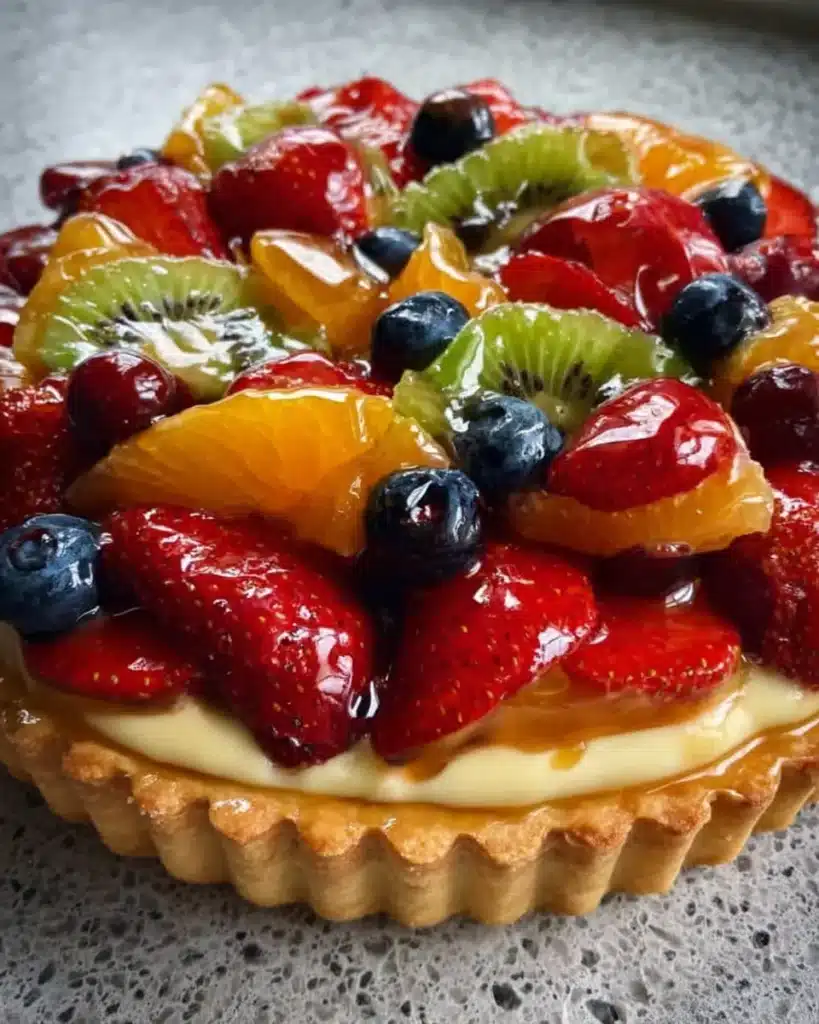 Glossy French fruit tart with strawberries, kiwi, citrus, and blueberries on pastry cream