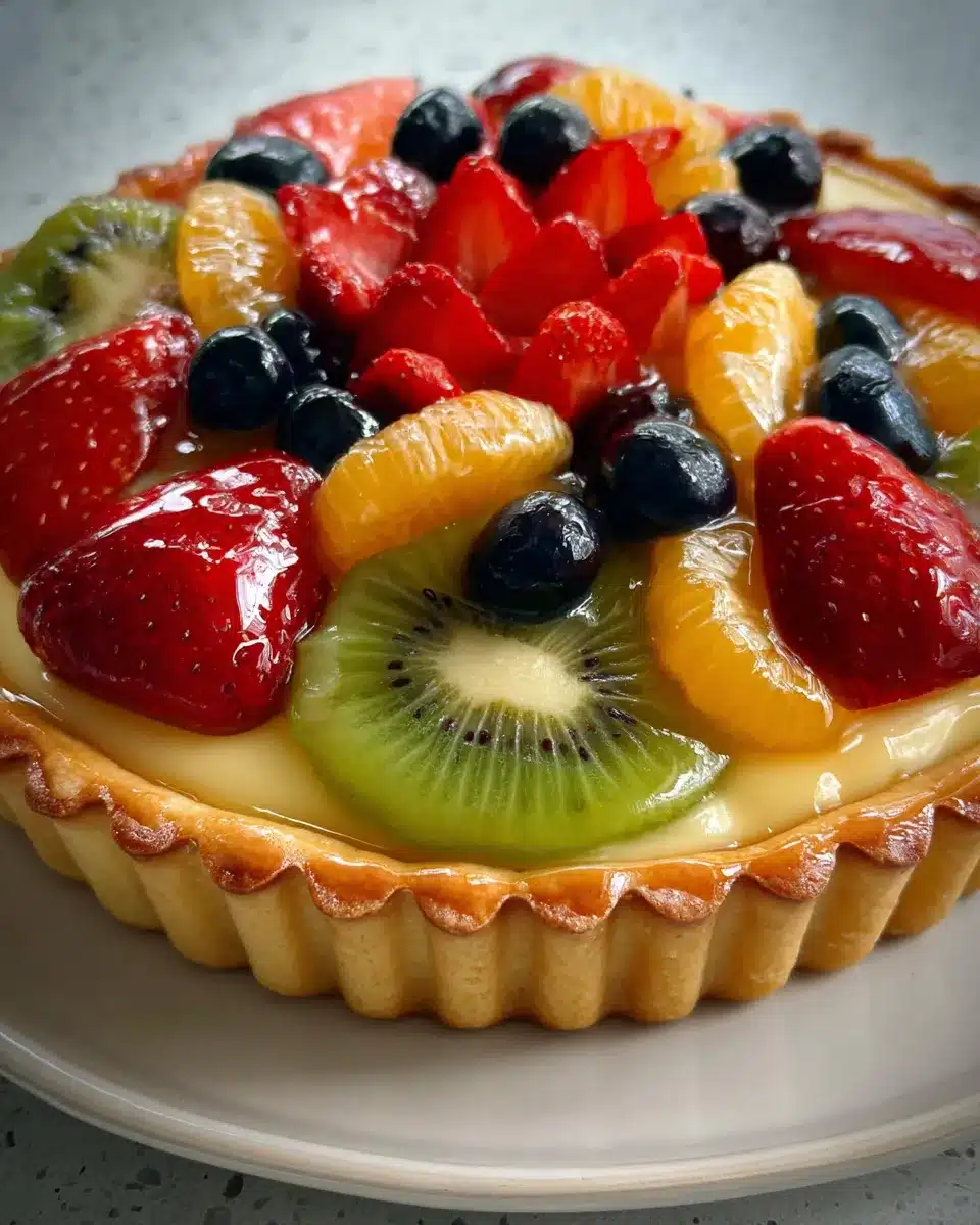 Colorful French fruit tart with strawberries, kiwi, blueberries, and apricot glaze on pastry cream