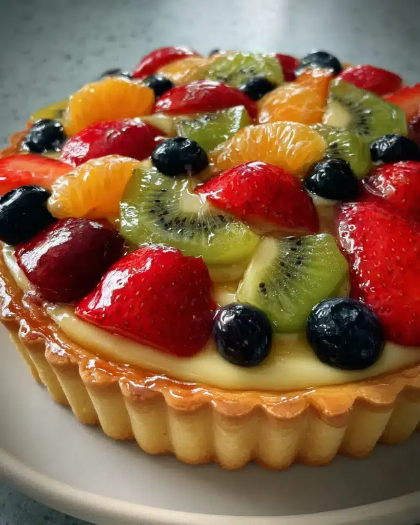 French fresh fruit tart with glazed strawberries, kiwi, blueberries, and citrus on pastry cream